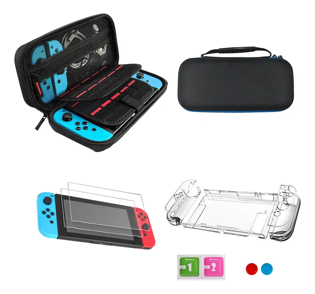 Lolo Capa Para Nintendo Switch, Kit de Acessórios 4 Em 1 Para Nintendo Switch Case + Estojo Transparente Para Nintendo Switch + 3x Protetor De Tela + Protetor De Alavanca De Controle