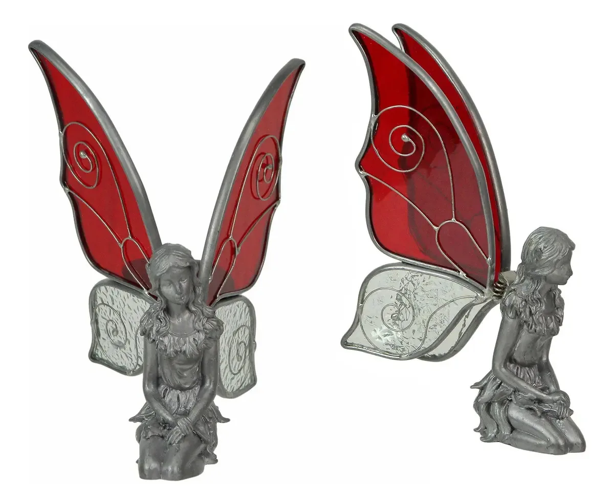 Conjunto de 2 figuras decorativas de estanho, design de fada ajoelhada, acessórios míticos