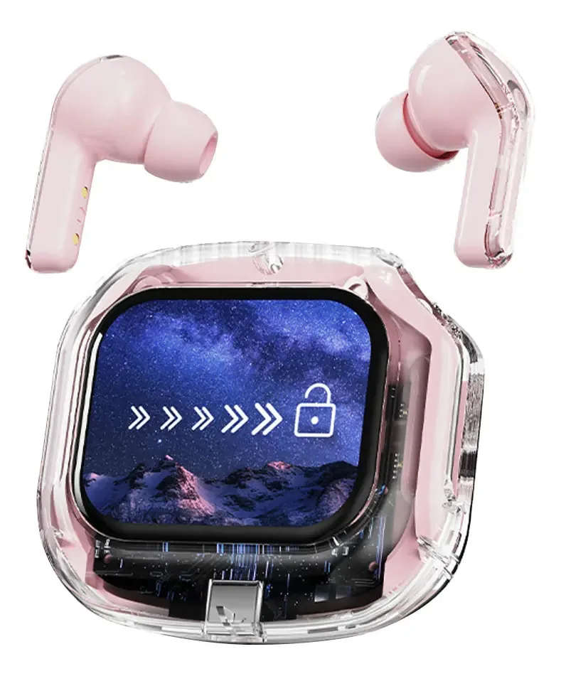 Fones de ouvido sem fio Bluetooth multifuncionais com tela sensível ao toque, cor rosa, viva-voz para chamadas, controle TikTok e câmera, com cancelamento de ruído