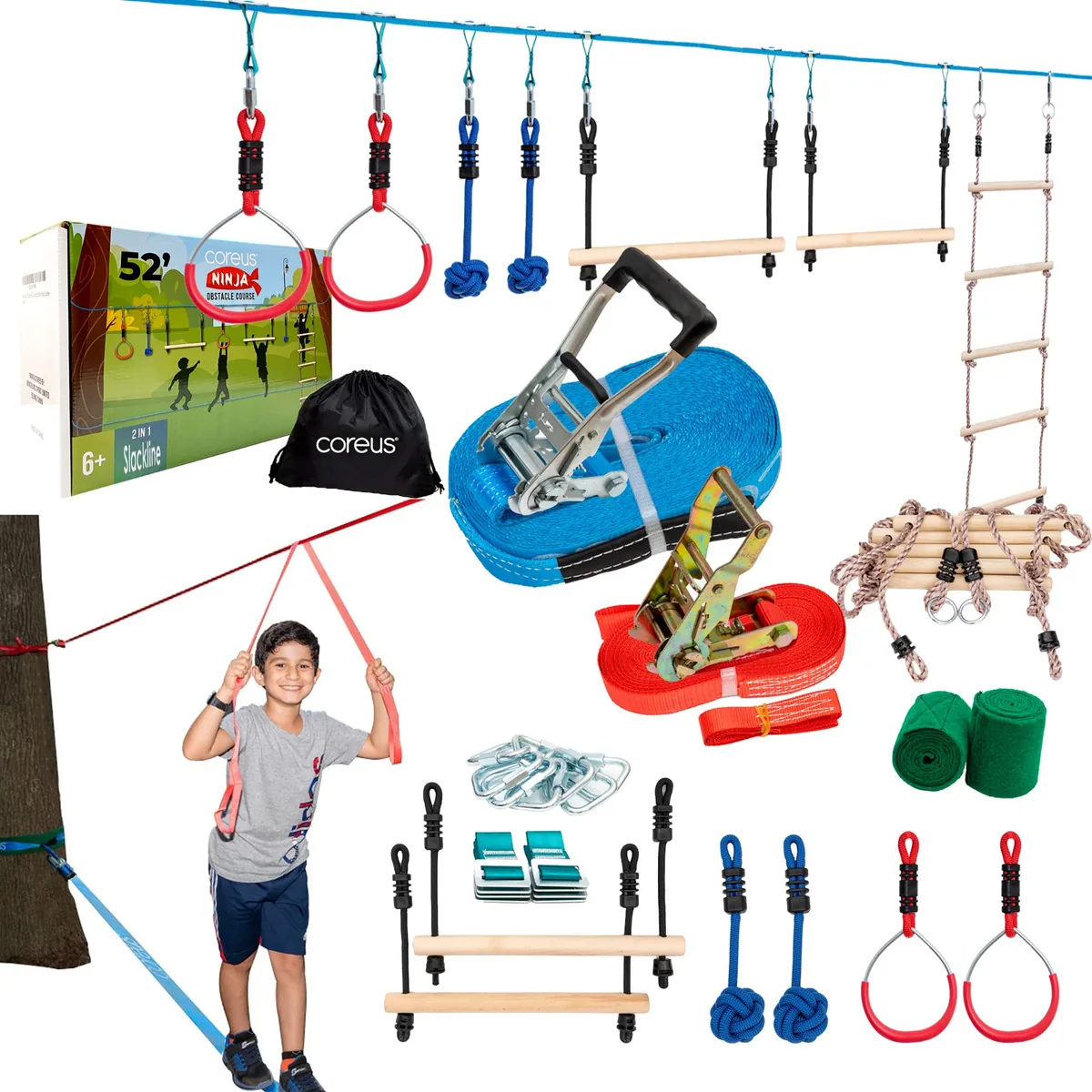 Campo de Obstáculos Ninja Warrior para Crianças, 2 x 50 Pés, 2 em 1, Dupla Linha de Obstáculos Ninja e Acessórios de Treinamento Slackline, Linha de Treinamento de Equilíbrio e Treinamento