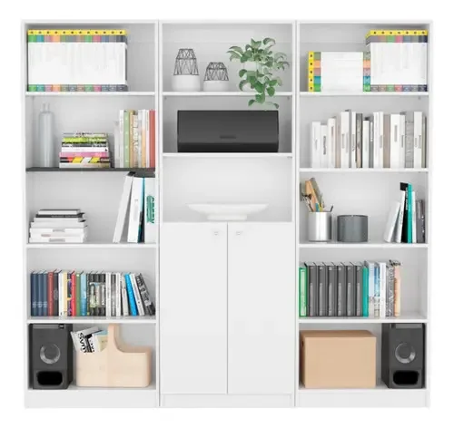 Combinação doméstica de 3 bibliotecas com 2 portas, brancas e brancas