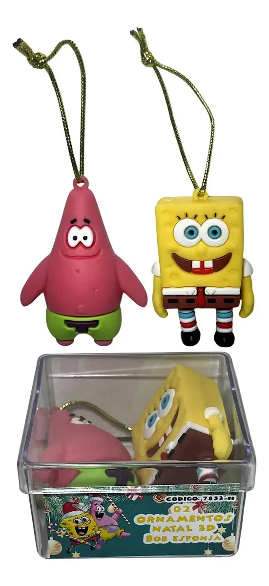 Conjunto 02 Ornamentos Enfeites Para Árvore De Natal 3d - Bonecos Personagens Desenho Bob Esponja Calça Quadrada E Patrick Estrela - Decoração Natalina - Spongebob