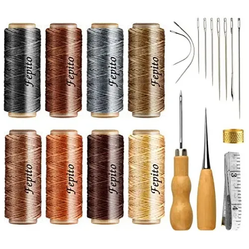 Fios encerados de couro Fepito 21 de 8 cores, 264 jardas, 150 d, fio encerado com kit de ferramentas manuais para artesanato de bricolage