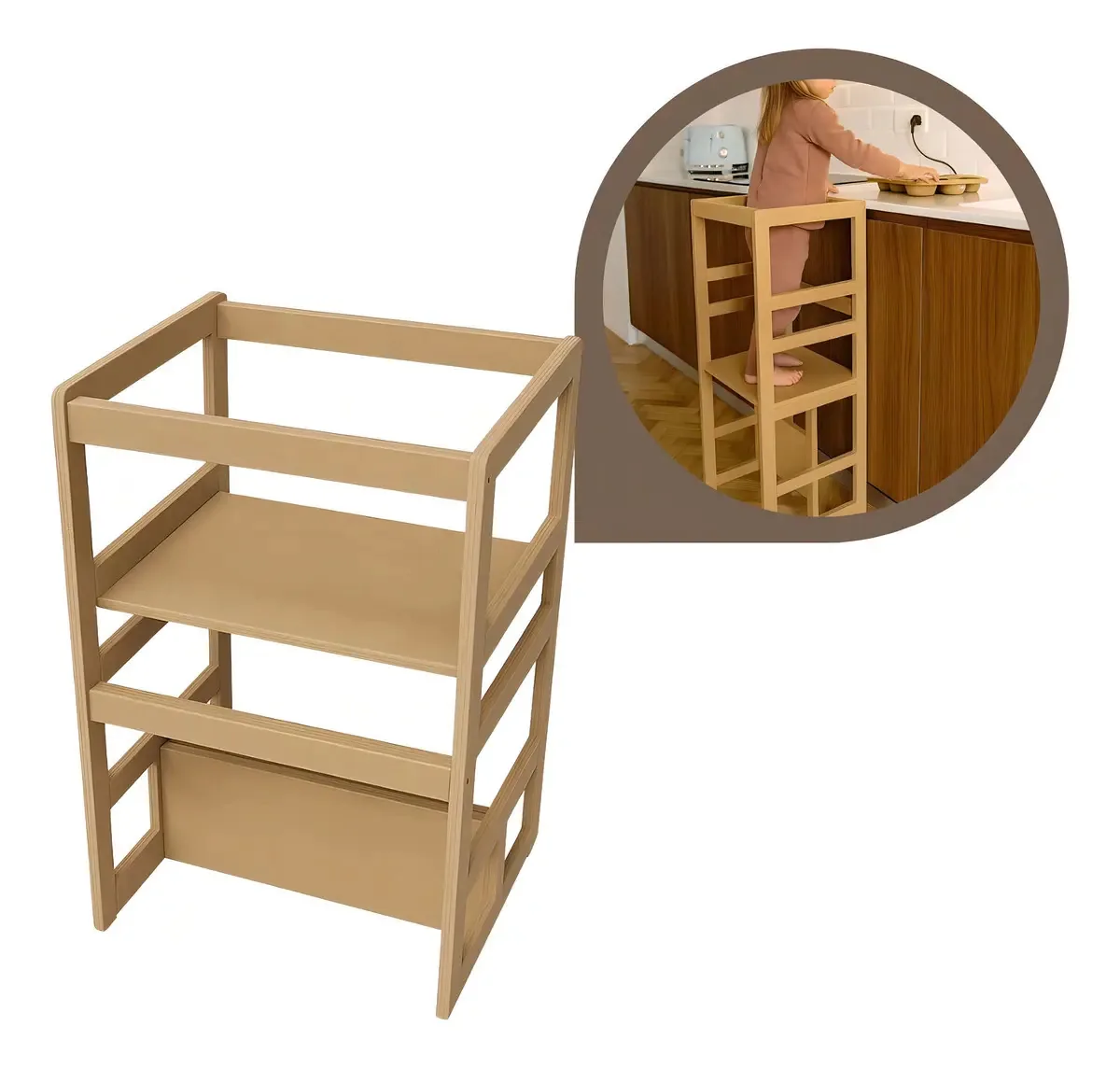 Torre de Aprendizado Montessori 4 em 1 Pratic Madeira Natural Altura Regulável