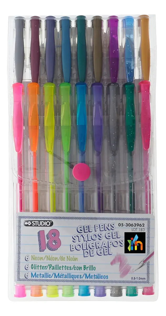 Canetas em gel, metálicas, brilhantes e variadas cores de néon
