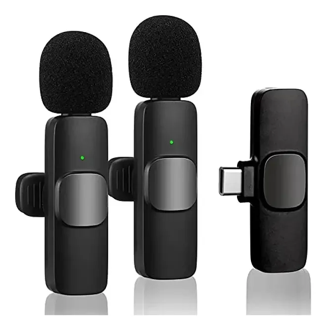 Microfone sem fio de lapela compatível para iPhone e Android. Microfones Lavalier, cor preta