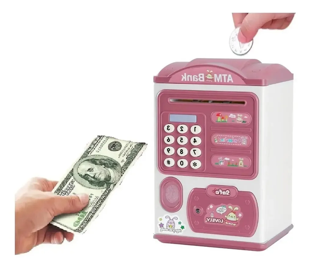 Caixa de cofre eletrônica para cofrinhos para crianças, caixa eletrônico com dígitos, cor rosa