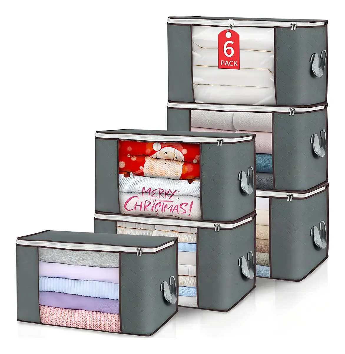 Sacos grandes de armazenamento de 90 litros, pacote de 6 recipientes de armazenamento dobráveis para roupas, cobertores, edredons, lençóis, travesseiros e brinquedos
