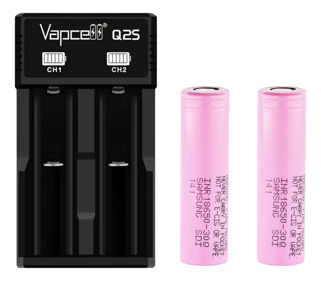 2 baterias Samsung 30q 3000mah 18650 com carregador Vapcell 2A