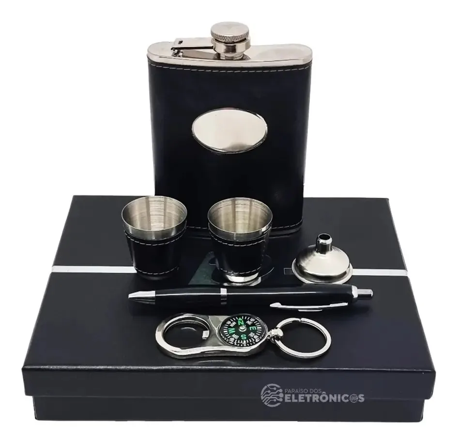 Cantil Porta Bebidas Portátil Chaveiro Abridor Caneta Copo Cor Preto