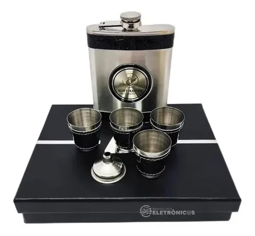 Kit Cantil Frasco Porta Bebida Mini Funil 4 Copo Shot Whisky