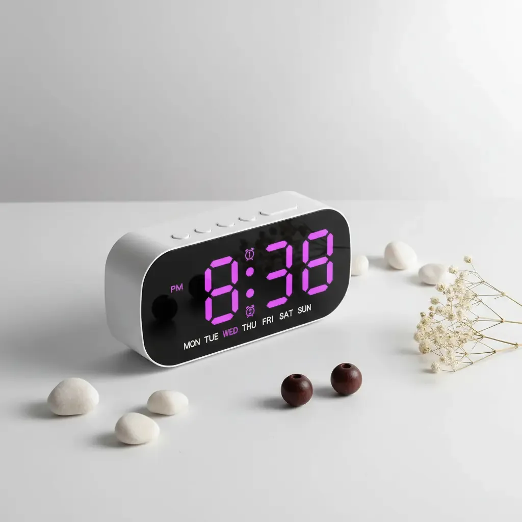 Despertador LED digital, mesa de mesa, temperatura, cor violeta
