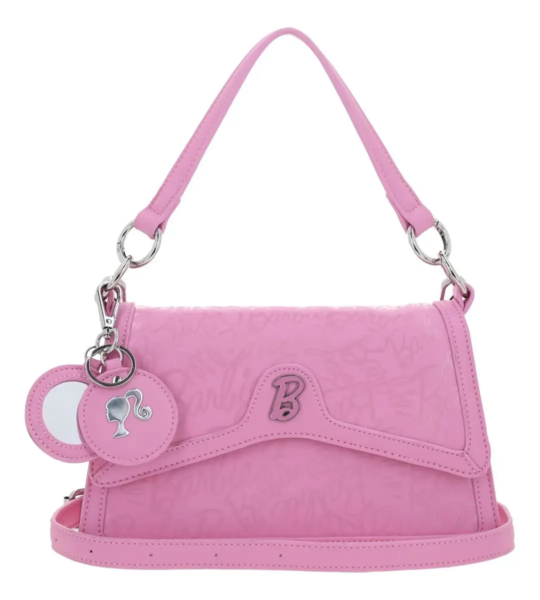 Bolsa de baguete média Barbie Gorett BR25073-p Metal Hardware com acabamento em metal, cor rosa, alça de ombro, design de tecido, serigrafia