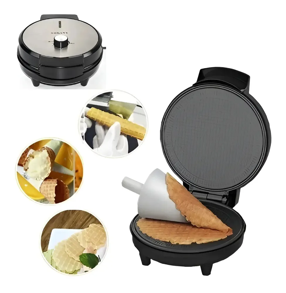 Máquina De Waffles De Casquinha De Sorvete Preta De 1000 W. Preto