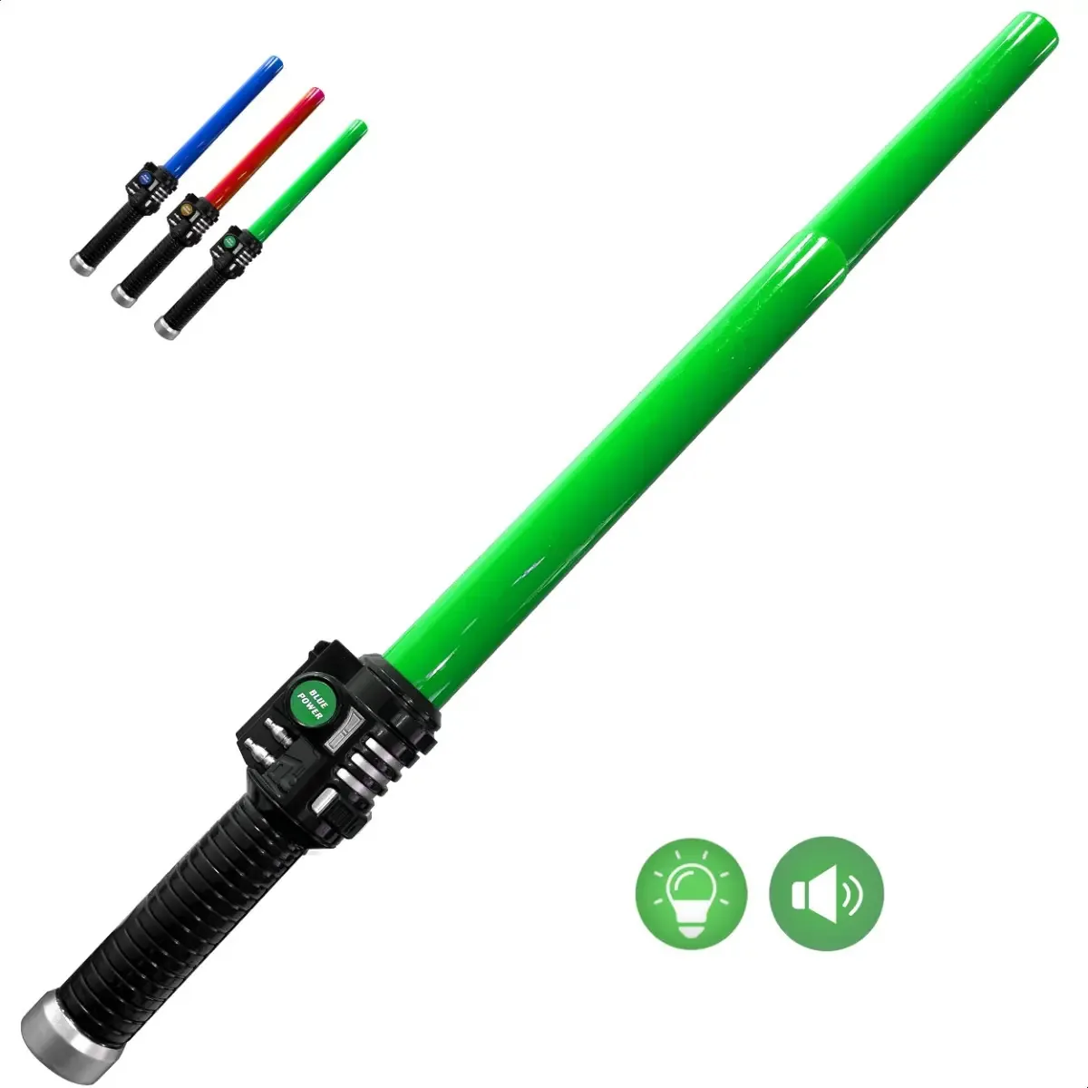 Espada a laser com cores de luz e som, baterias de brinquedo, cor verde