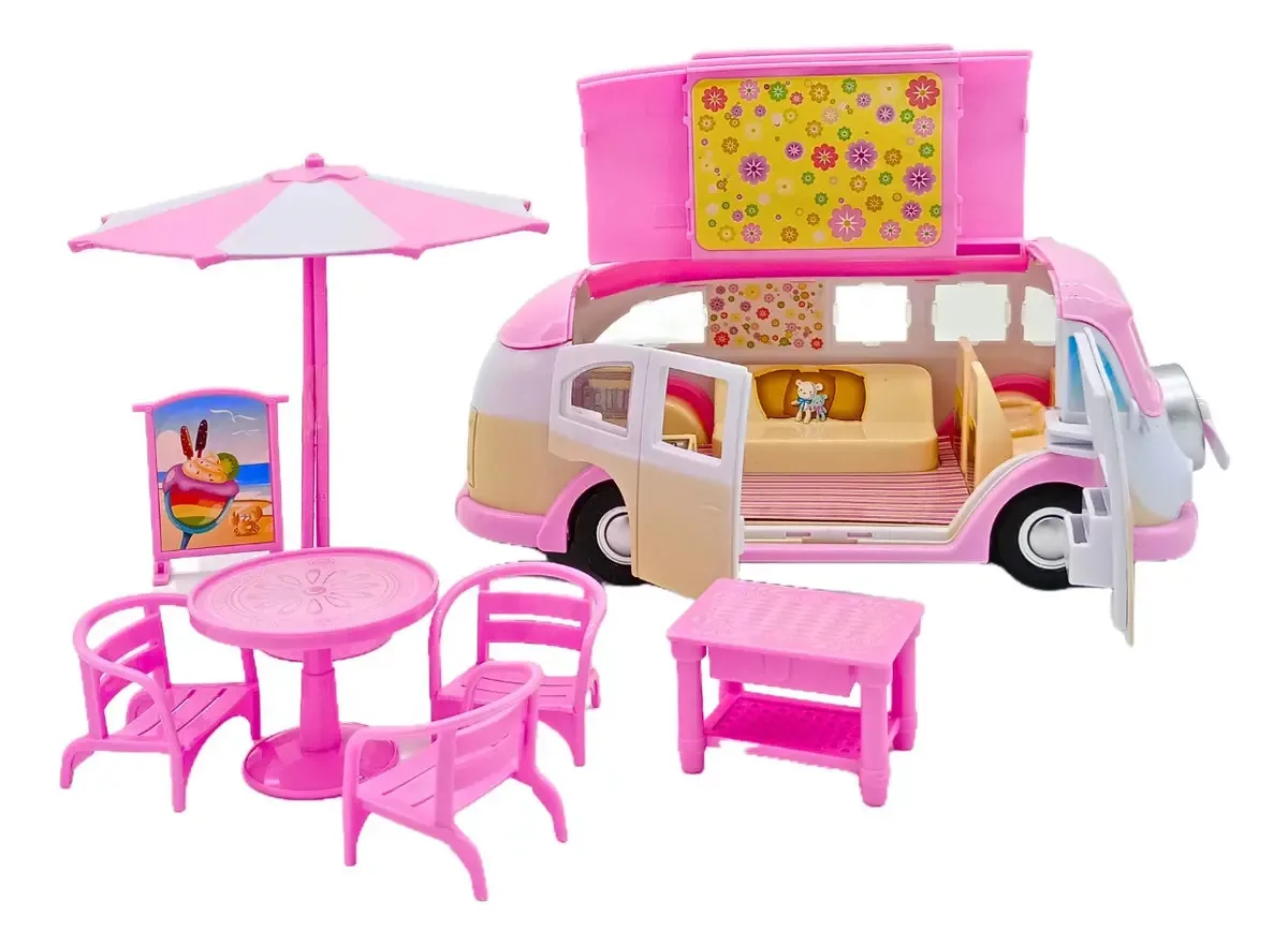 Caminhão de doces e sorvetes com acessórios de boneca rosa