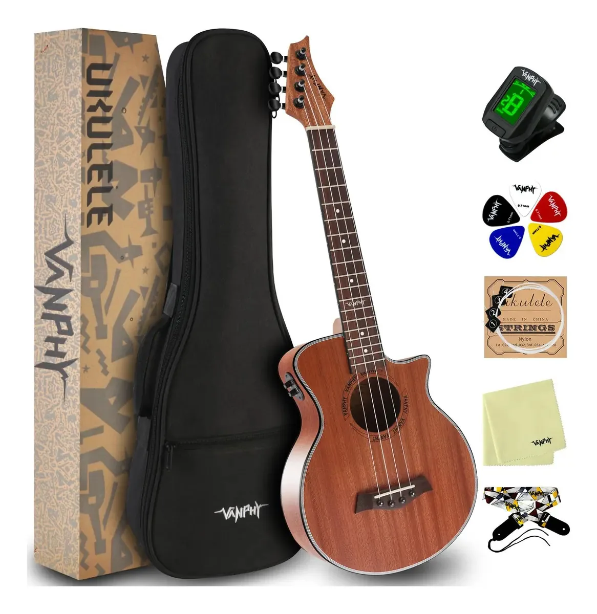 Vanphy Electric Concert Ukulele Acoustic Ukulele Co. Negro