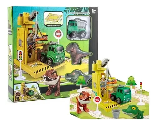 Conjunto de construção T-rex com caminhão e guindaste