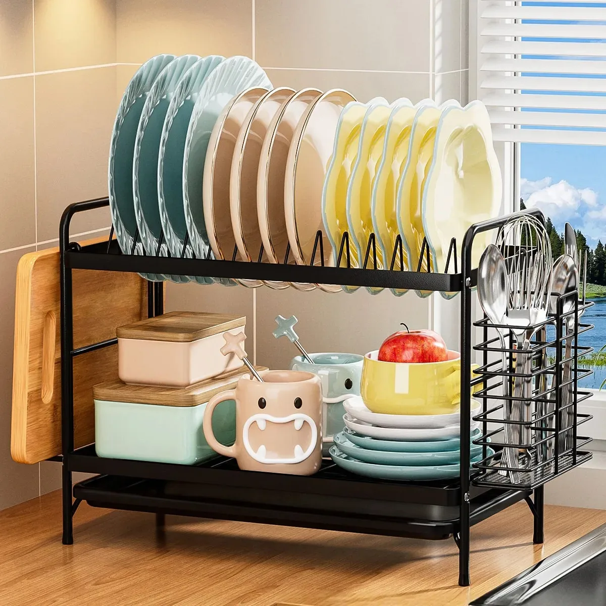 Escorredor De Louça Inox Com Porta Pratos Talheres Copos Preto