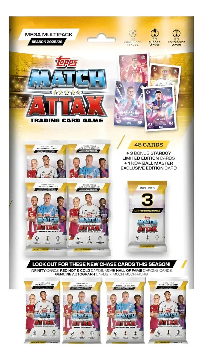 Pacote múltiplo Match Attax Topps Mega 2025/26 - 48 cartas + 4