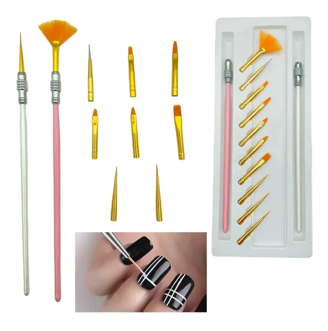 Conjunto de 2 pincéis e 10 pontas intercambiáveis para decoração de unhas