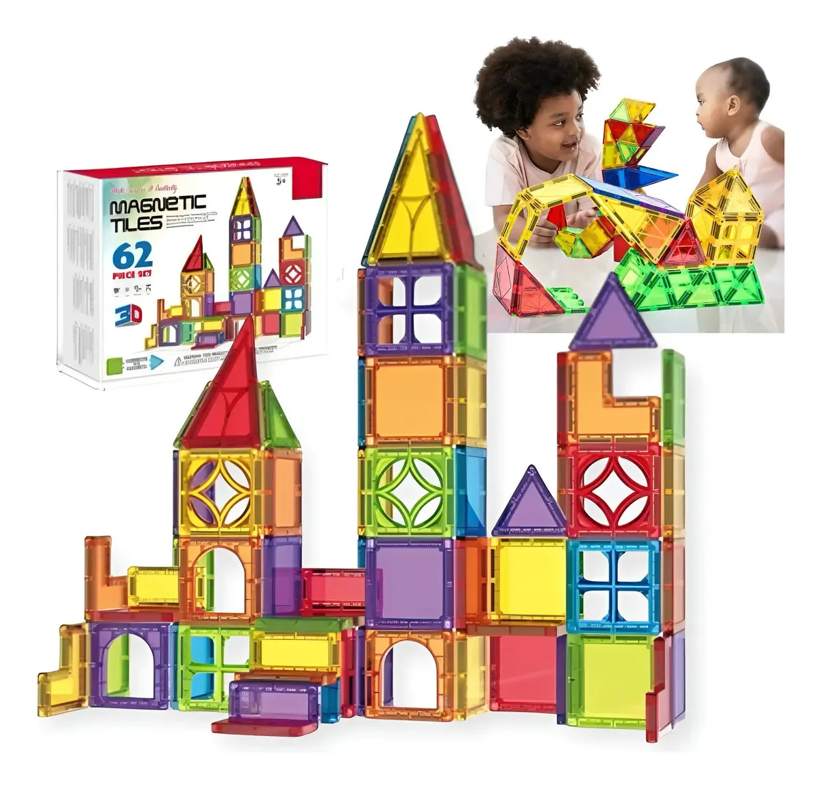 Brinquedos de blocos magnéticos para montagem de 62 peças magnetizadas 3d