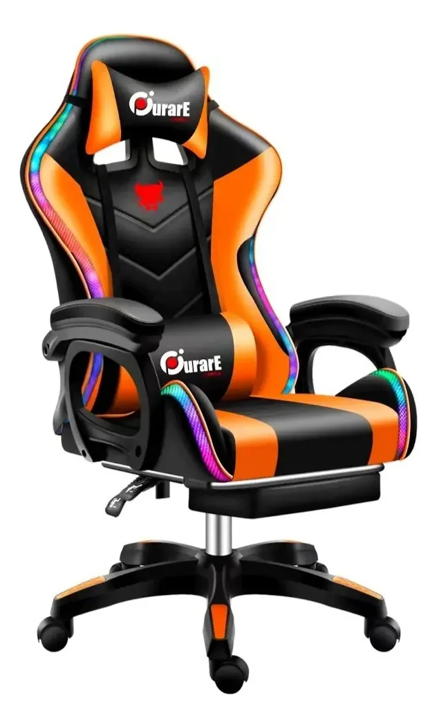 Cadeira Gamer, luz LED reclinável, alto-falantes de massagem, Purare Gamer, cor laranja