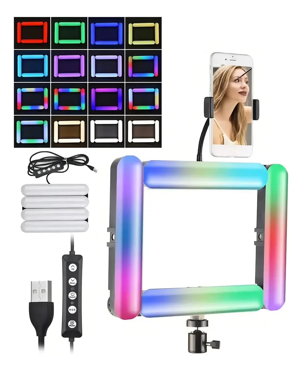 Anel LED quadrado modular Rgb com controle e tripé 10w Mli Black Structure