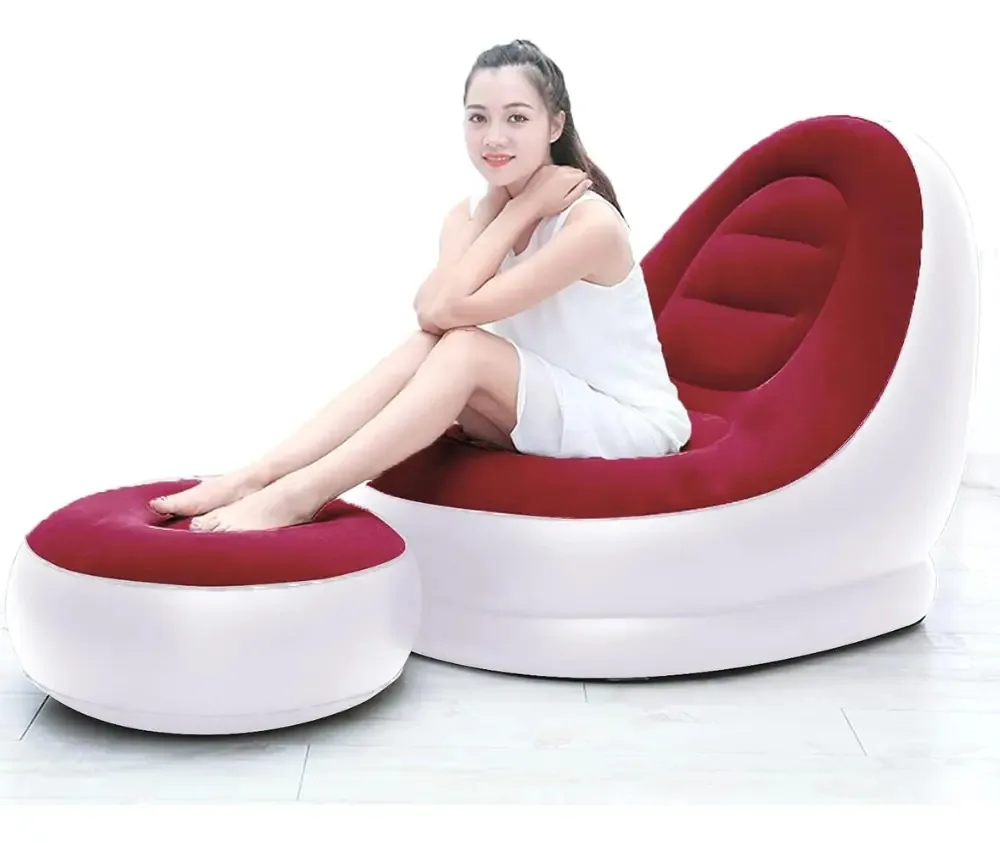 Cadeira inflável com encosto e escabelo confortáveis+inflador vermelho e branco