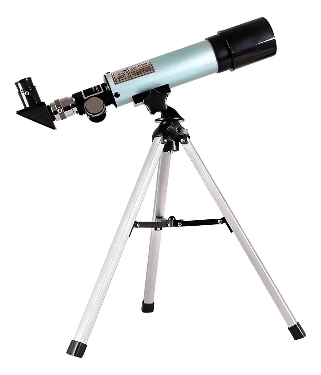 Telescópio astronômico verde claro com tripé