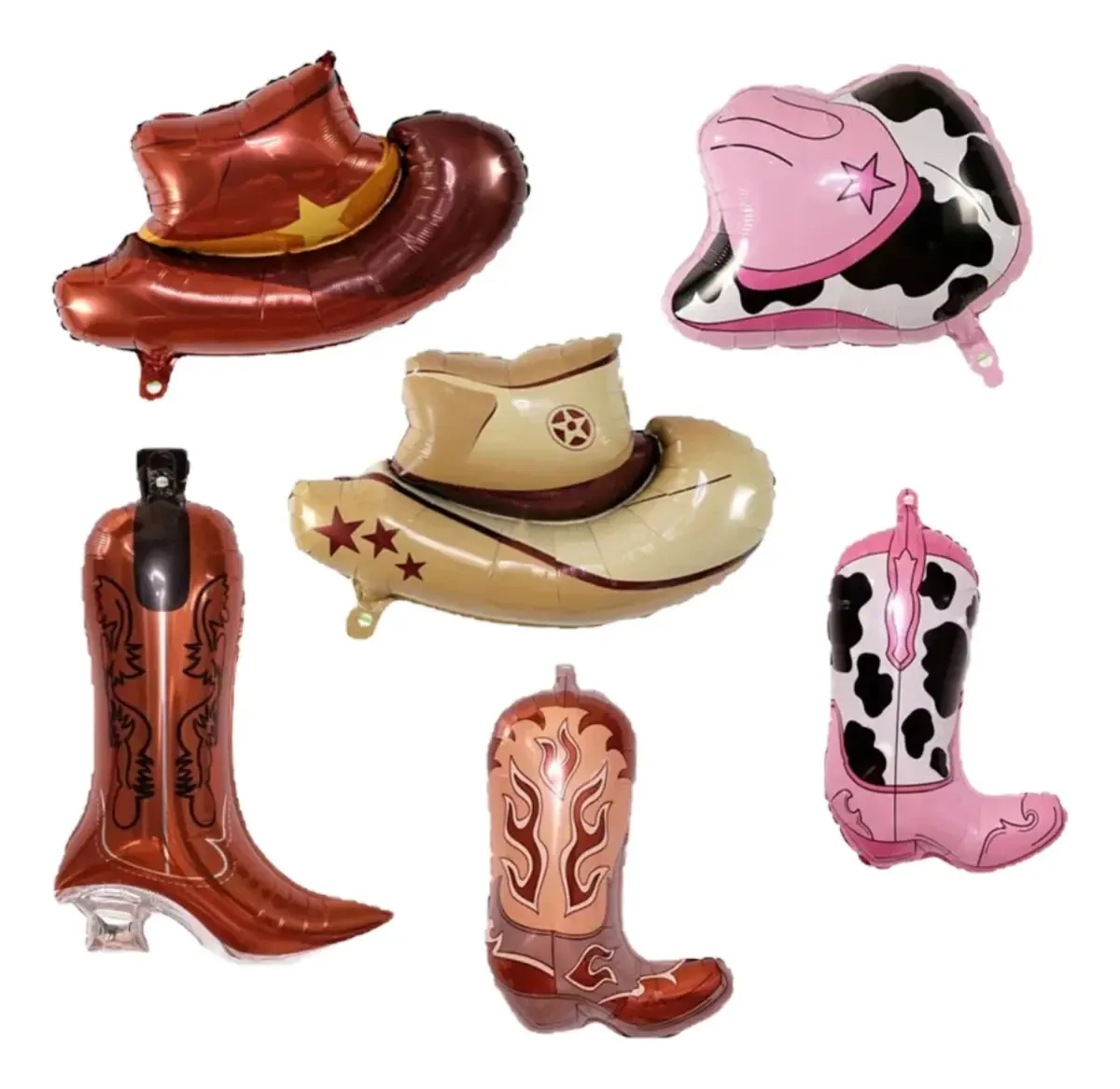 6 botas e chapéus de balão metálicos Cowboy Country Rodeo Color, modelos combinados, botas e chapéus