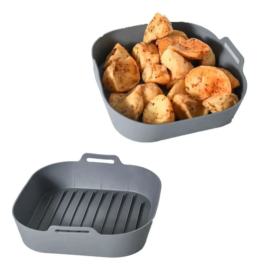 Fritadeira de ar de silicone Molde de recipiente para fritadeira de ar, cor cinza