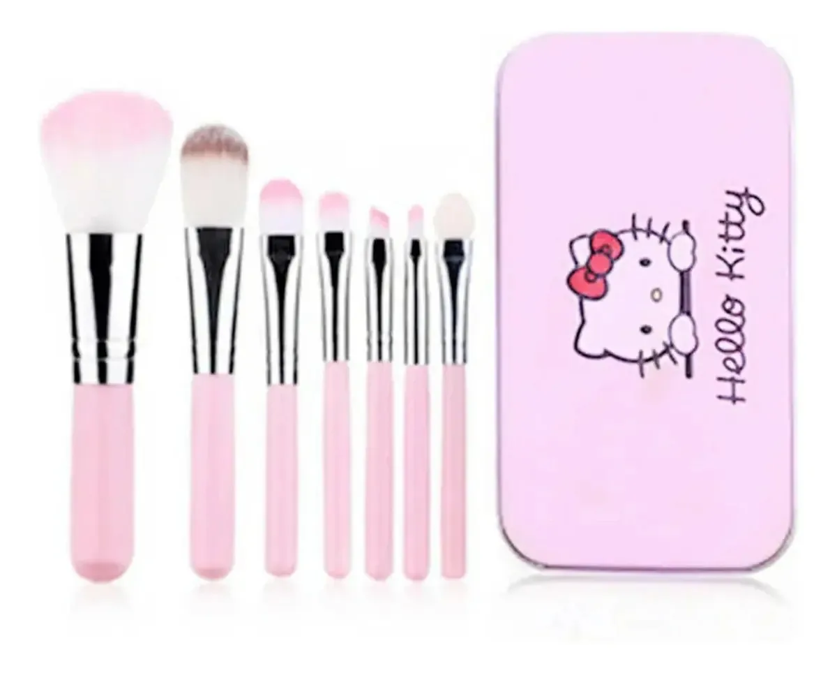 Conjunto de pincéis de maquiagem Hello Kitty, estojo com 7 pincéis rosa