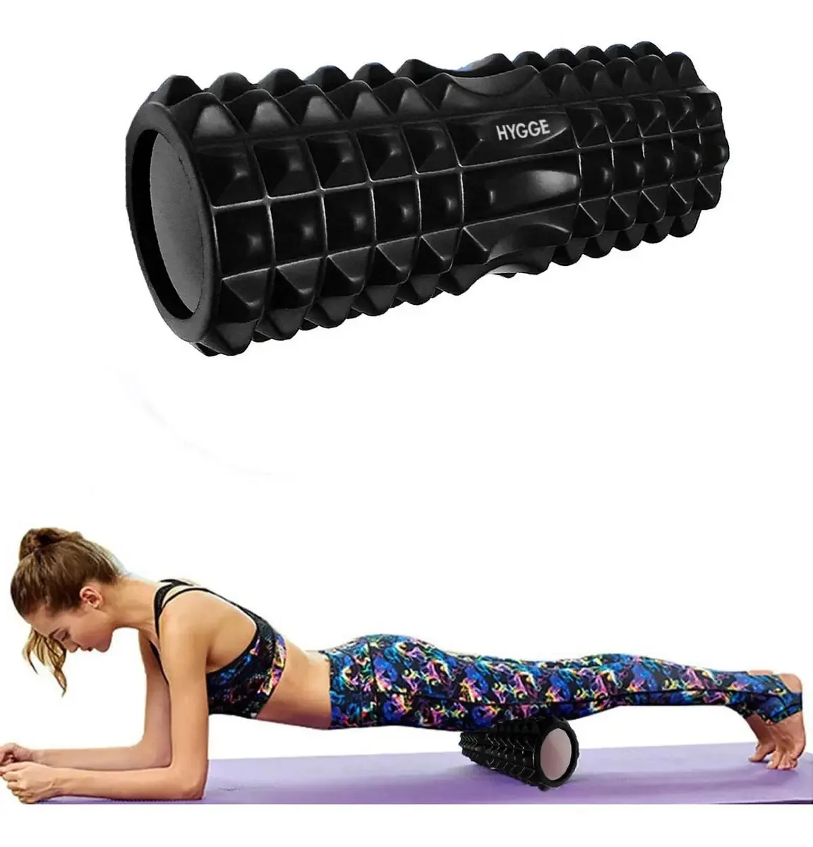 Rolo de massagem de alongamento de rolo texturizado, rolo de espuma, 33 cm, cor preta