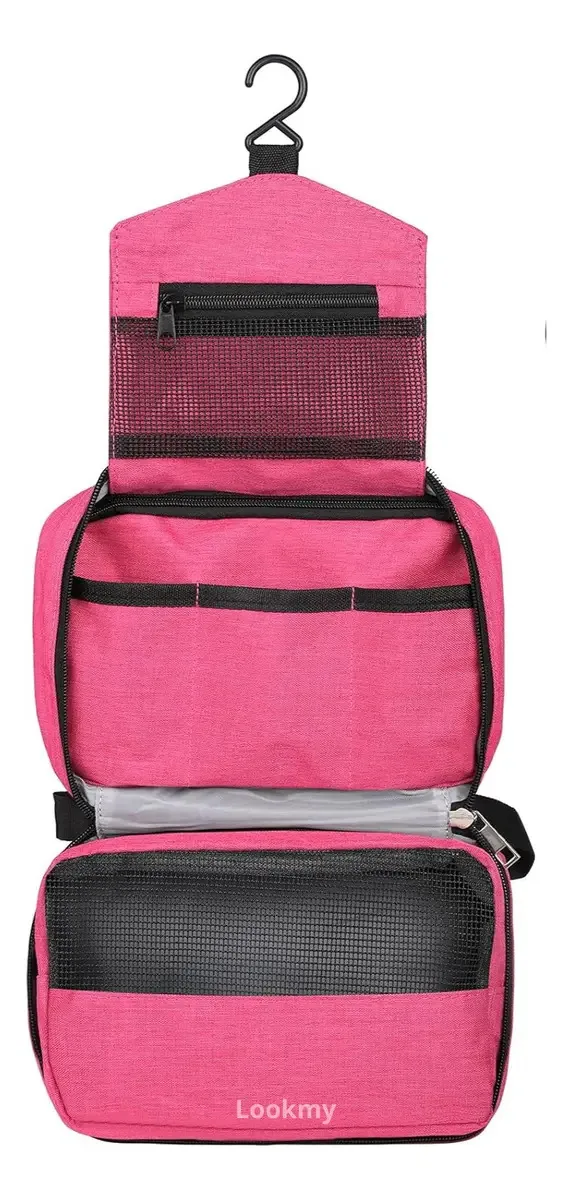 Bolsa de cosméticos feminina Lookmy com pingente | Bolsa de higiene para viagem de avião ou banho | Bolsa de higiene rosa com cabide |