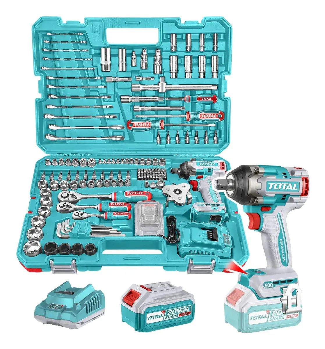 Kit total: chave de impacto de 1/2", porcas, chaves, pontas turquesas