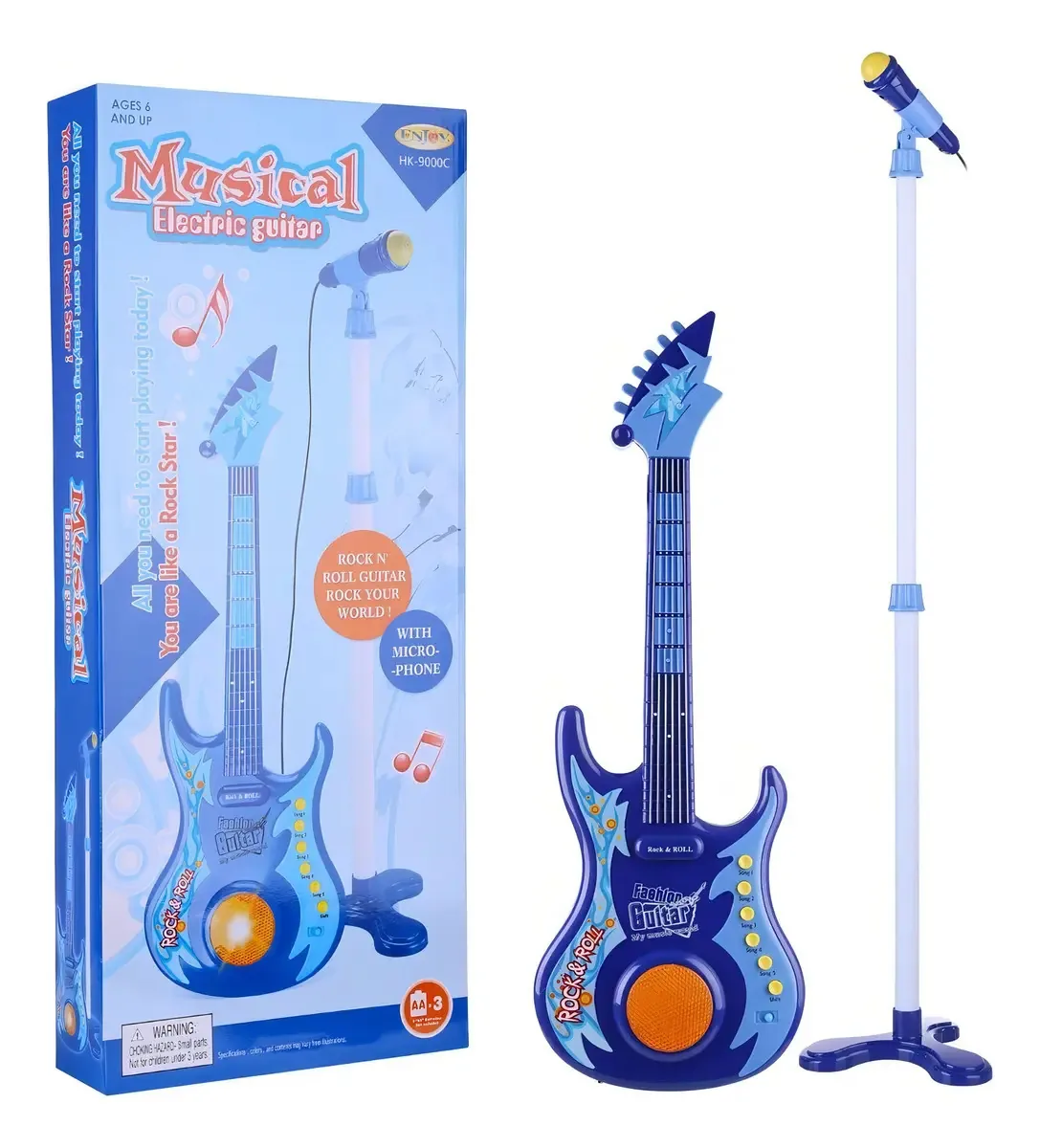 Guitarra Infantil com Microfone Luz e Som Brinquedo Azul