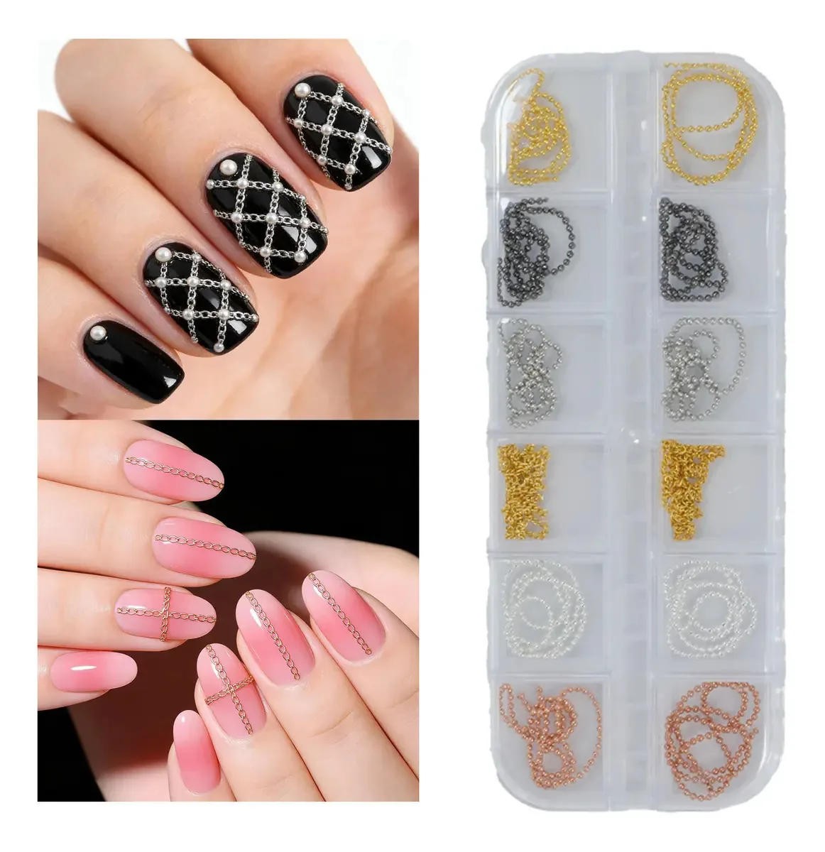 Correntes Strass Pérolas Metal Acrílica Jóias Unhas Art