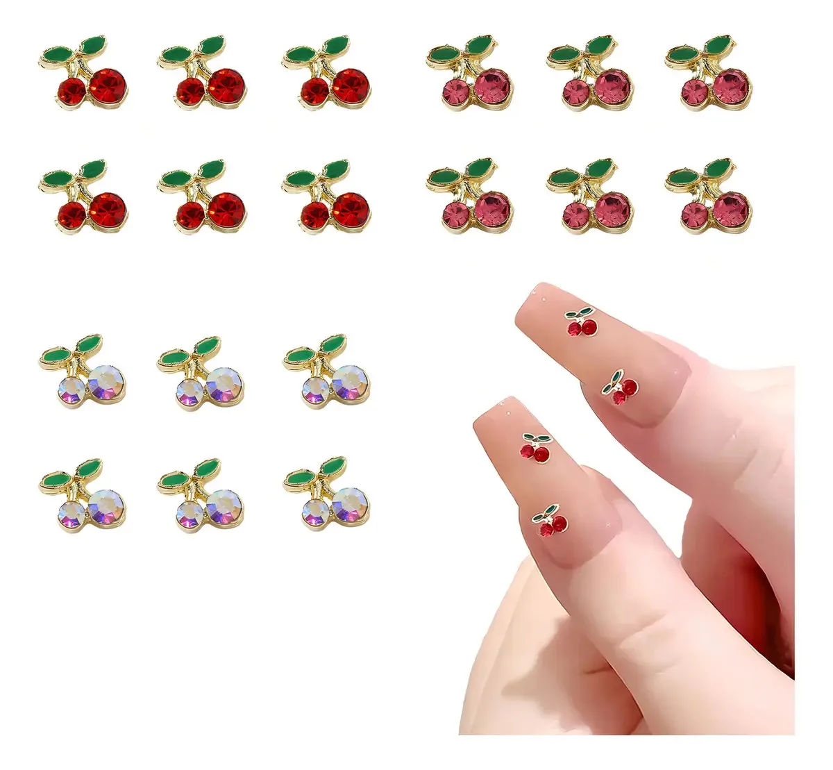 3 Cores Cerejas 3d Strass Decorações Unhas 3 Pacotes 3x6un Cor Dourado