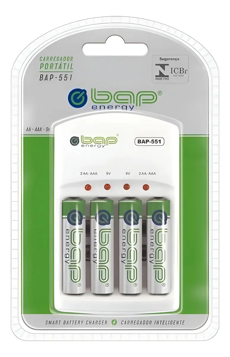 Kit Carregador de Pilhas AA, AAA e 9V Bivolt, Com 4 Pilhas AA 2700mAh