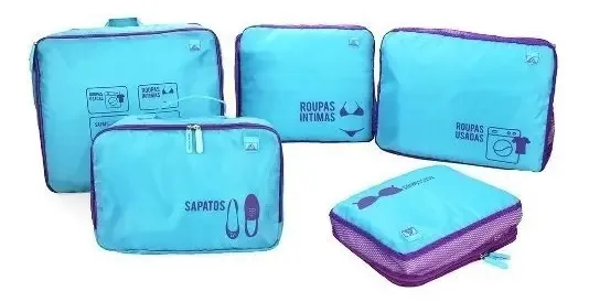 Kit Organizador De Bagagem Mala Viagem Azul 5 Pçs Necessaire Cor Água-fúcsia
