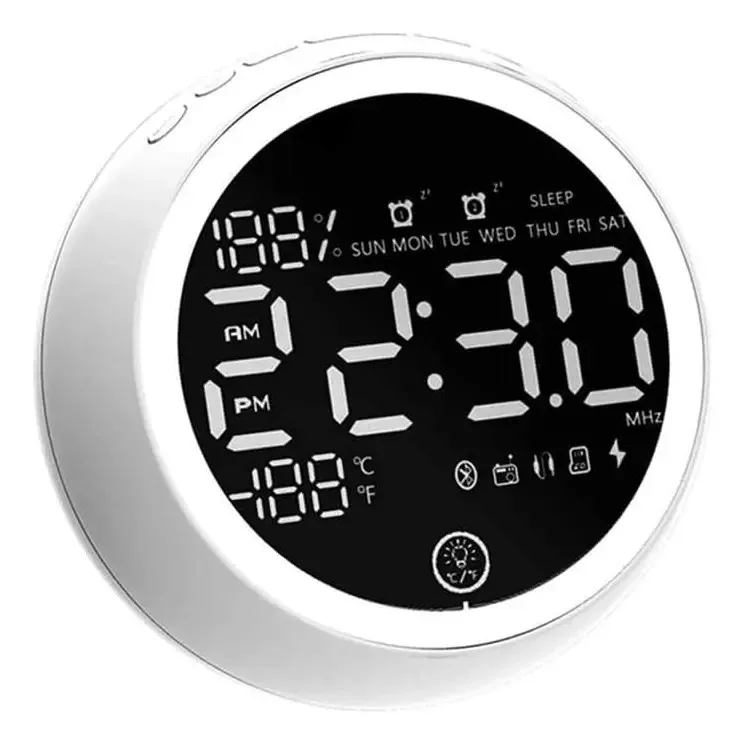 Despertador recarregável duplo Leonys, rádio, alto-falante Bluetooth, despertador, rádio FM, luz noturna, temperatura, hora, tela LED para casa (cor: branca)