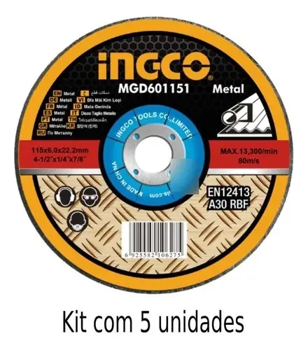 5 Discos De Desbaste P/ Metal 4.1/2 (115x6x22.2mm) - Ingco