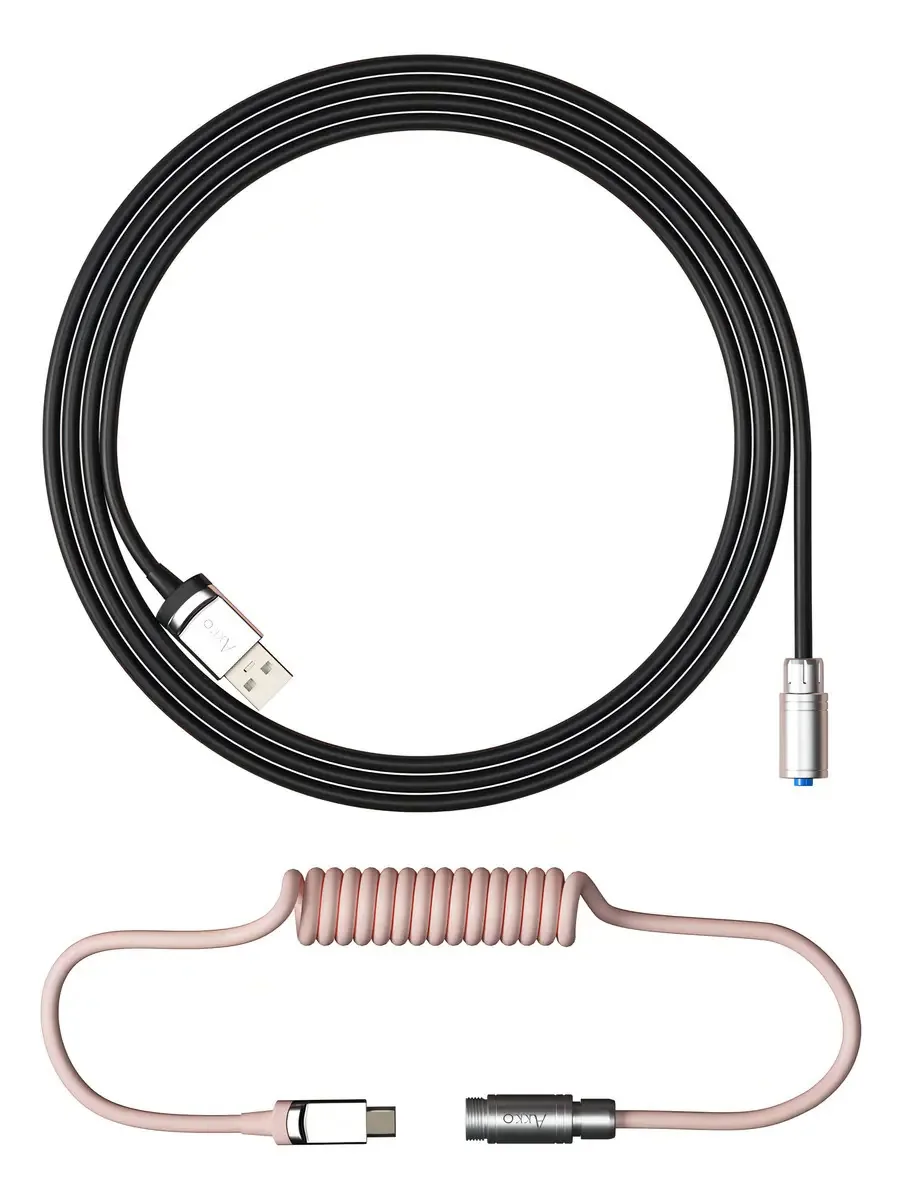 Cabo Enrolado Akko Black Pink para Teclados Gamer USB-C Aviator Rosa