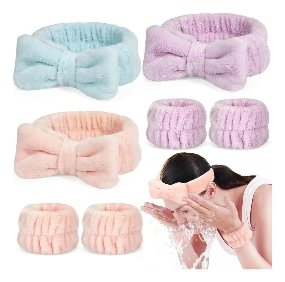 Bandana e pulseiras para maquiagem para cuidados com a pele Faixa rosa com laço e pulseiras