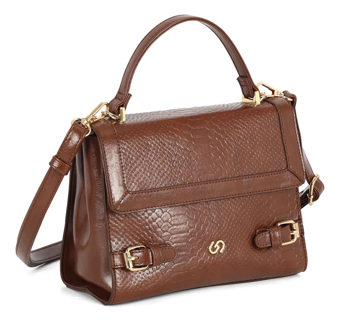 Bolsa Satchel Gash Croco Marrom com Alça de Mão e Transversal Ferragens Ouro