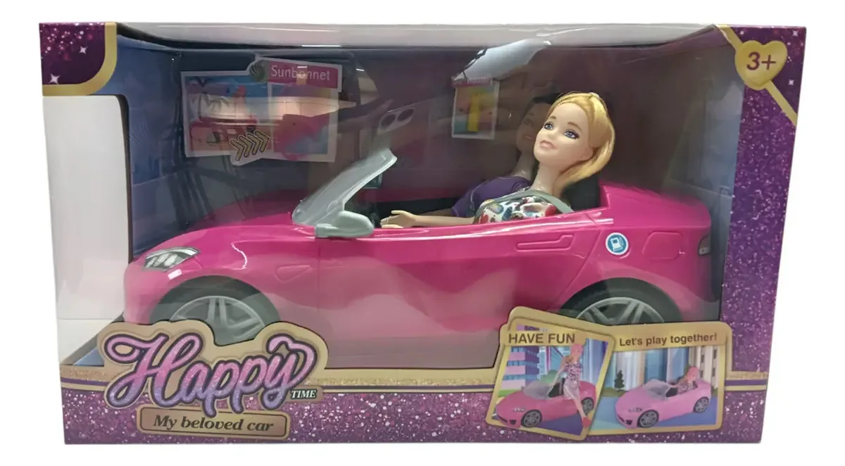 Brinquedo de carro rosa com 2 bonecos e acessórios