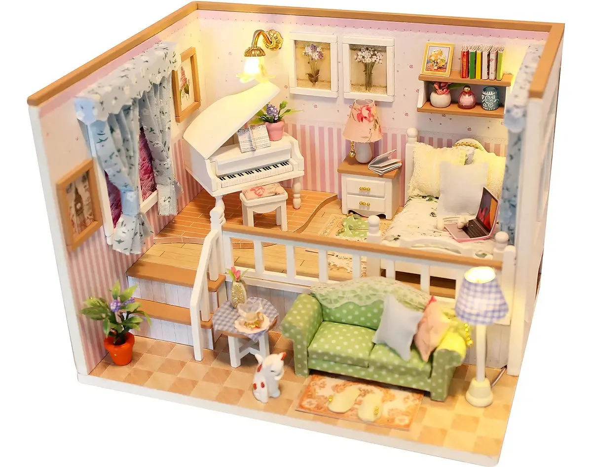 Doll House Mini casa de madeira para construção e acessórios