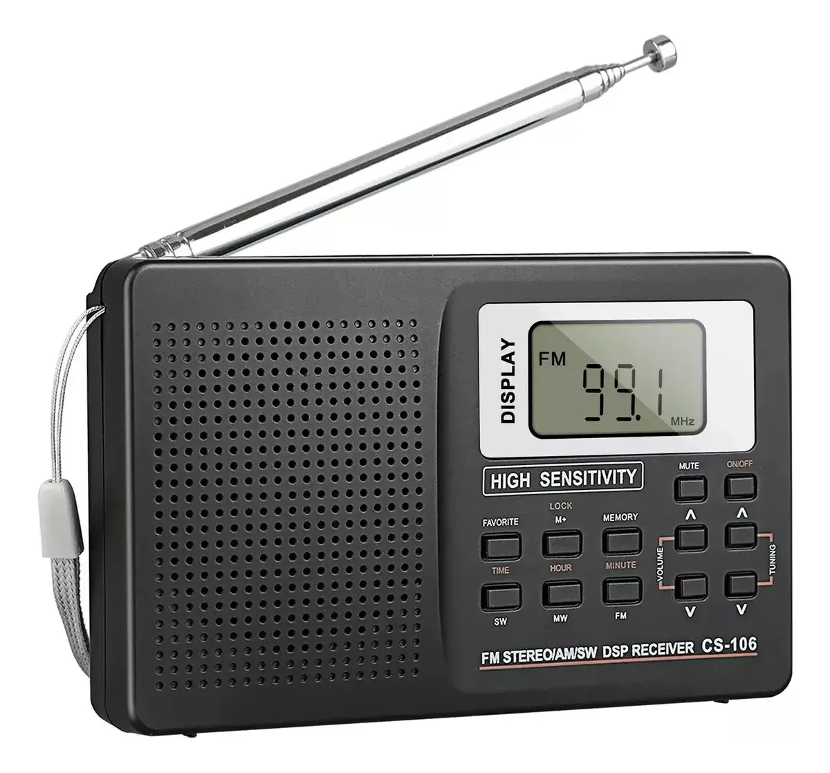 Rádio digital portátil com tela LCD Rádio Fm Am Sw com alto-falante desligado, função de memória, rádio com despertador