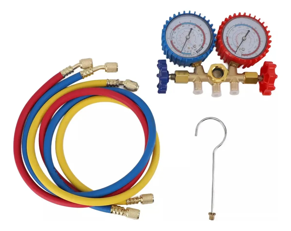 Conjunto de medidores de refrigeração Manifold R134 R404 R410 R22 +8 acessórios B4008 Medidor de pressão automático de três vias de latão de dupla ação de 500 psi, durável e resistente à corrosão